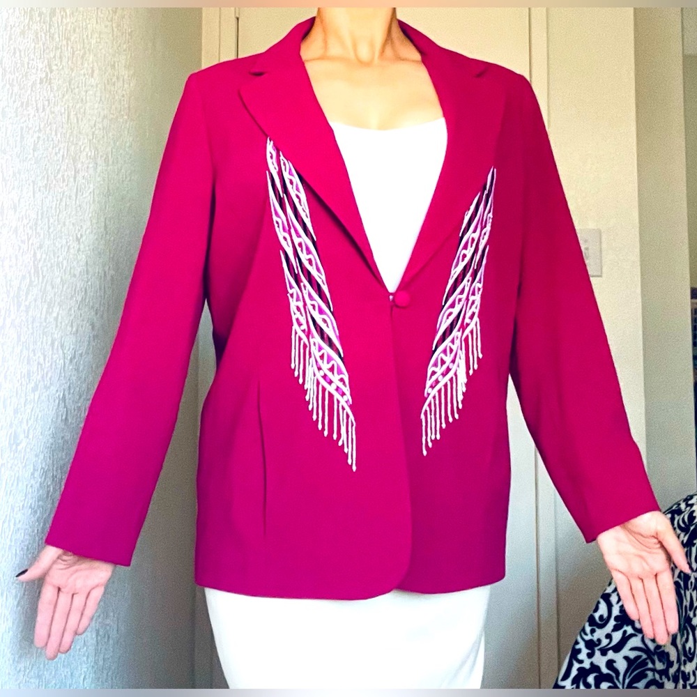 Vintage 90s BoB MaCKie Western Fringe bead Dark Pink Dress Blazer Suit Jacket